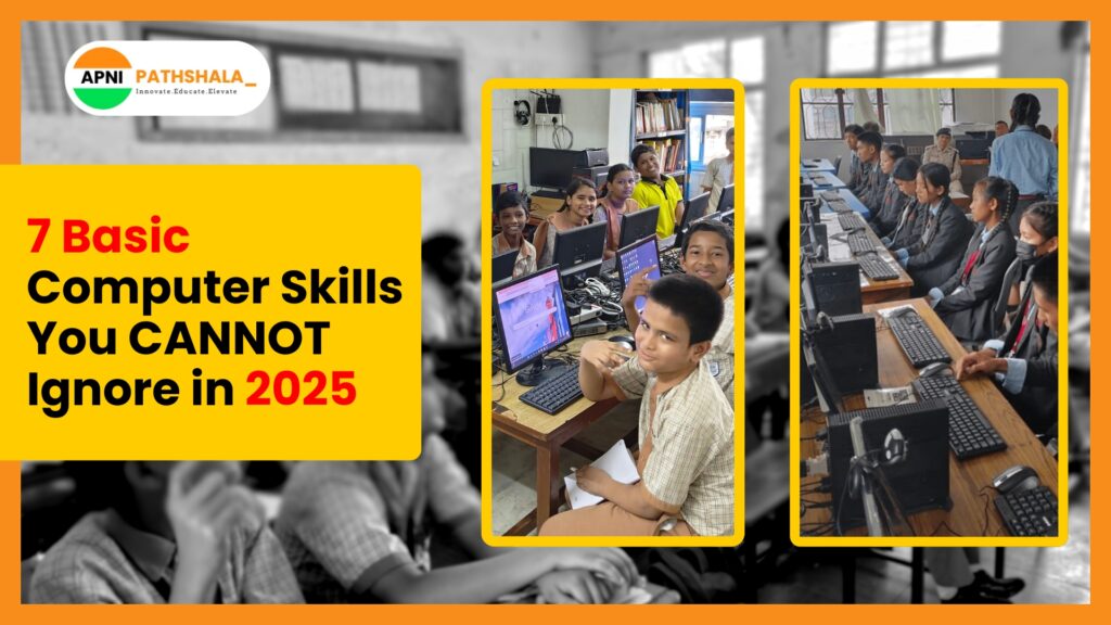 School kids learning basic computer skills that are important in 2025.