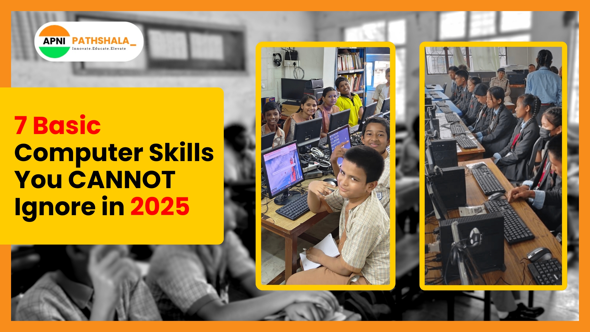 School kids learning basic computer skills that are important in 2025.