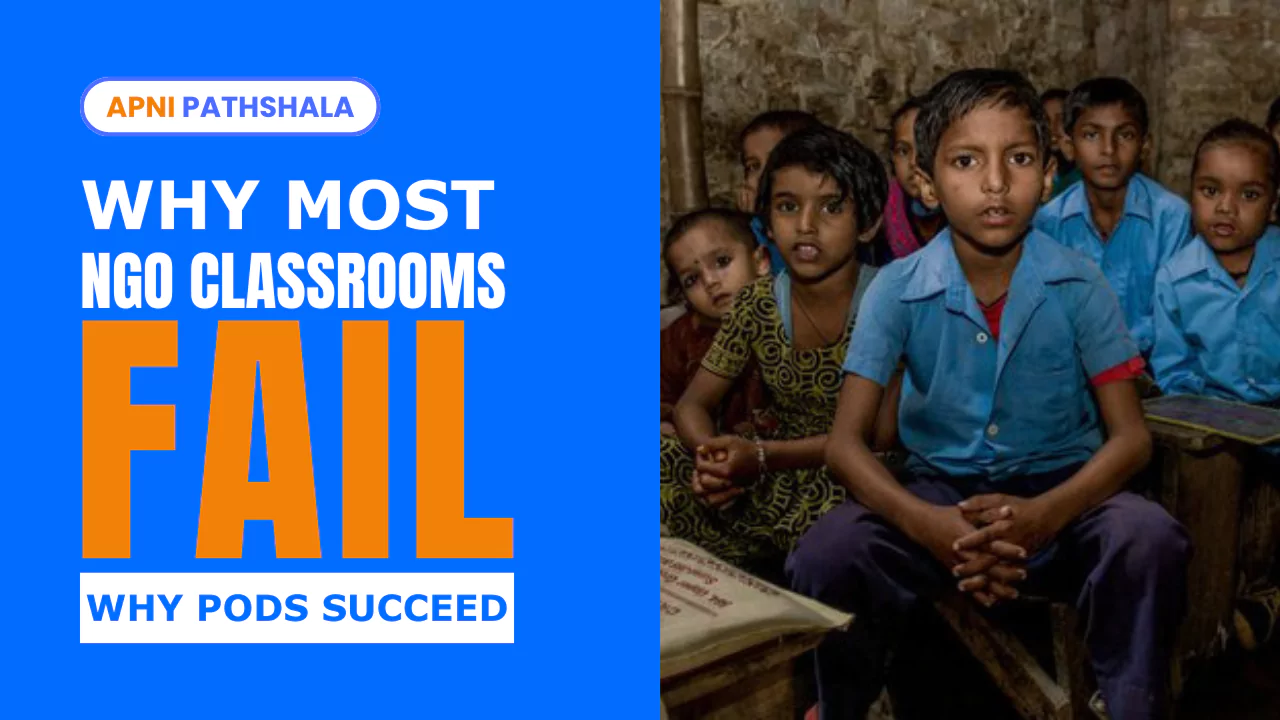 Children sitting in an under-resourced classroom in India, highlighting the failure of many NGO-led education initiatives.