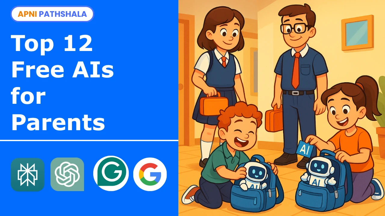 Children packing school bags for their parents while preparing them for AI-powered learning; text overlay includes the blog headline and logos of top AI tools like ChatGPT, MagicSchool, and Perplexity AI.