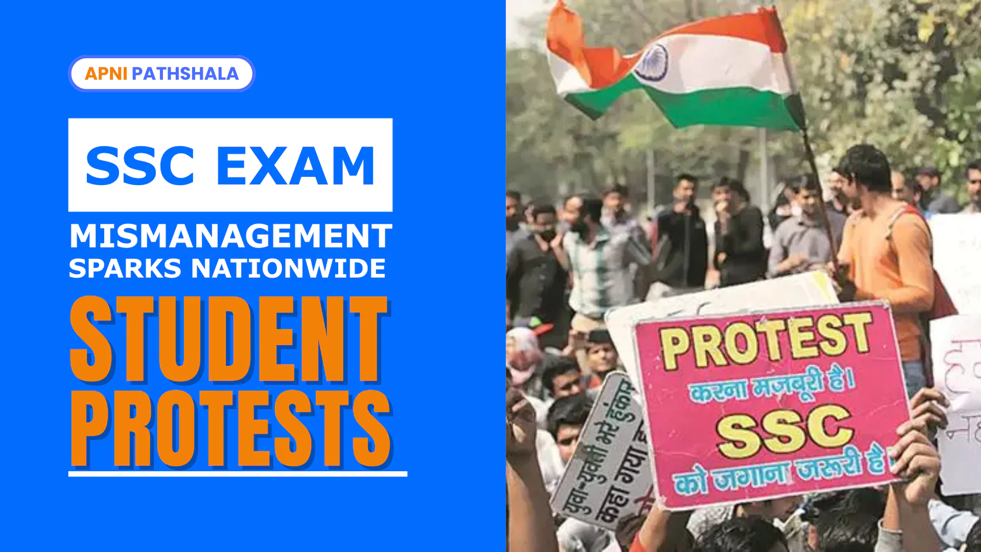 A powerful visual highlighting nationwide student protests against SSC exam mismanagement, with banners, flags, and demands for justice in recruitment processes.
