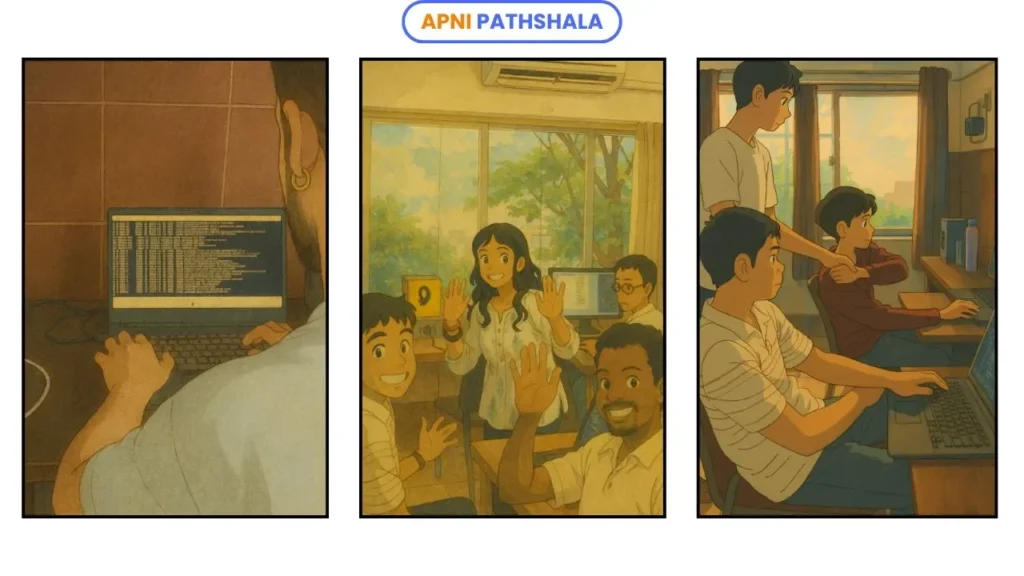 Illustrated scenes of Apni Pathshala team members working together—one coding on a laptop, another group smiling and waving in a cheerful office environment, and a third group collaborating on laptops near a window.