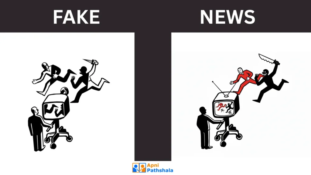 Infographic comparing fake news vs real news, showing how fake stories are created and shared, while real news is backed by facts and verified sources.