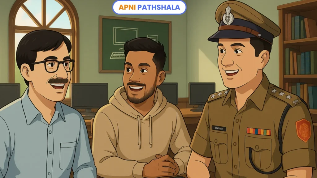 Sai Prasad Poojari who led LFP-tardeo discussing the Techveer initiative with a police officer and Dr. Anirudh Malpani in a computer lab.