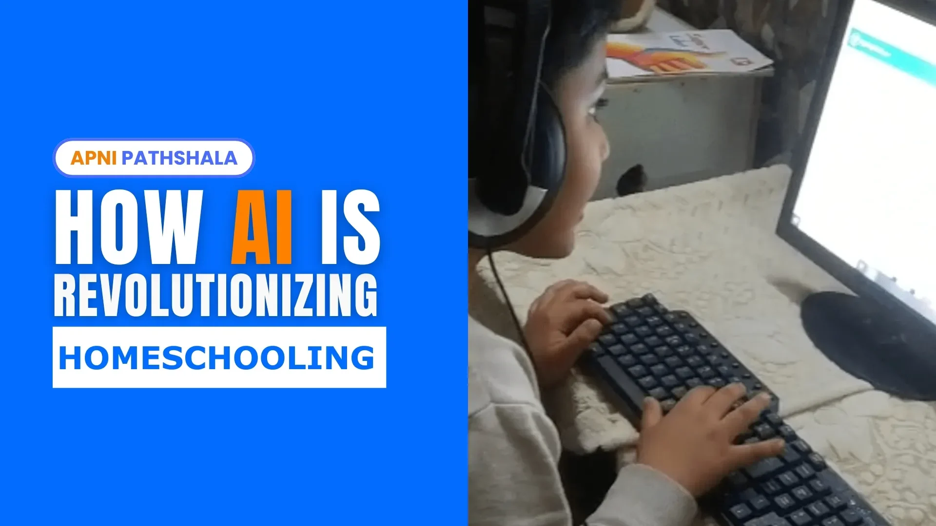 Child using a desktop computer with headphones, representing AI homeschooling, adaptive learning technology, and the future of smart homeschool education.