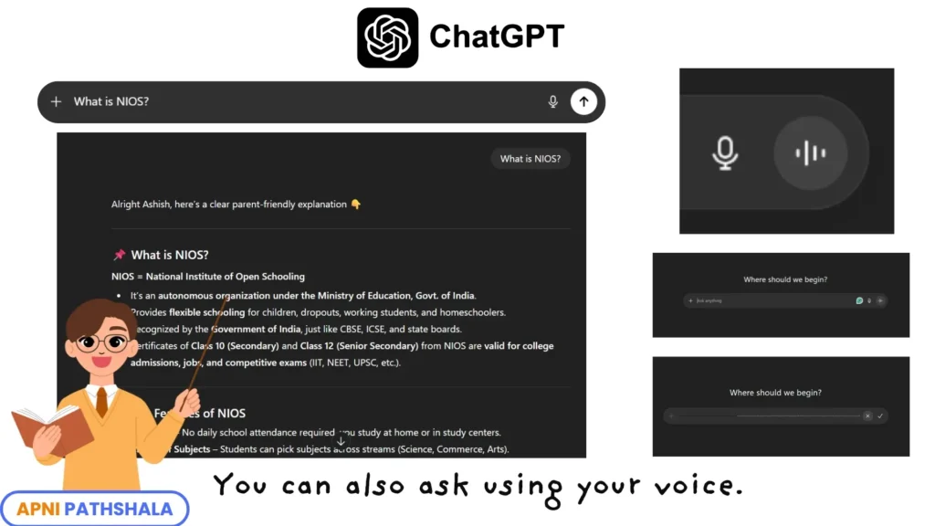 Screenshot of ChatGPT explaining NIOS simply, showing how AI tutoring systems and AI learning assistance can support homeschool parents and students.