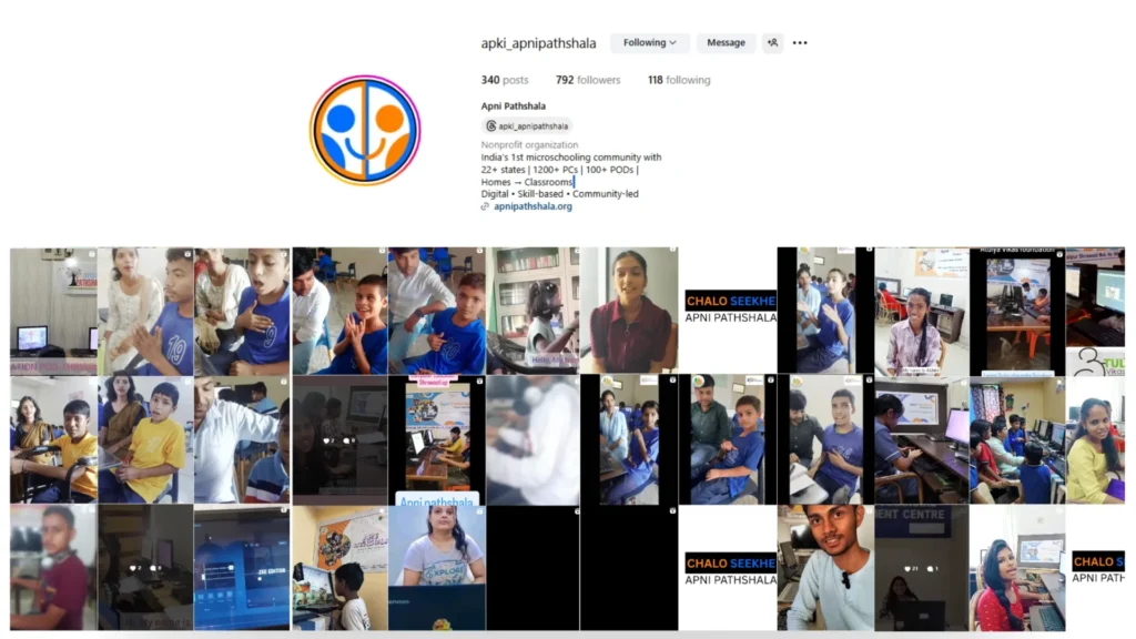 Screenshot of Apni Pathshala’s Instagram profile showing the Chalo Seekhe campaign reels, with students from different PODs sharing what they learned.
