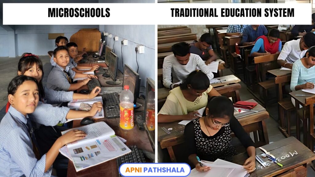 Comparison between microschools and the traditional education system, emphasizing small sizes, project-based learning, and individualized attention in microschools versus rote learning and large sizes in the traditional system.