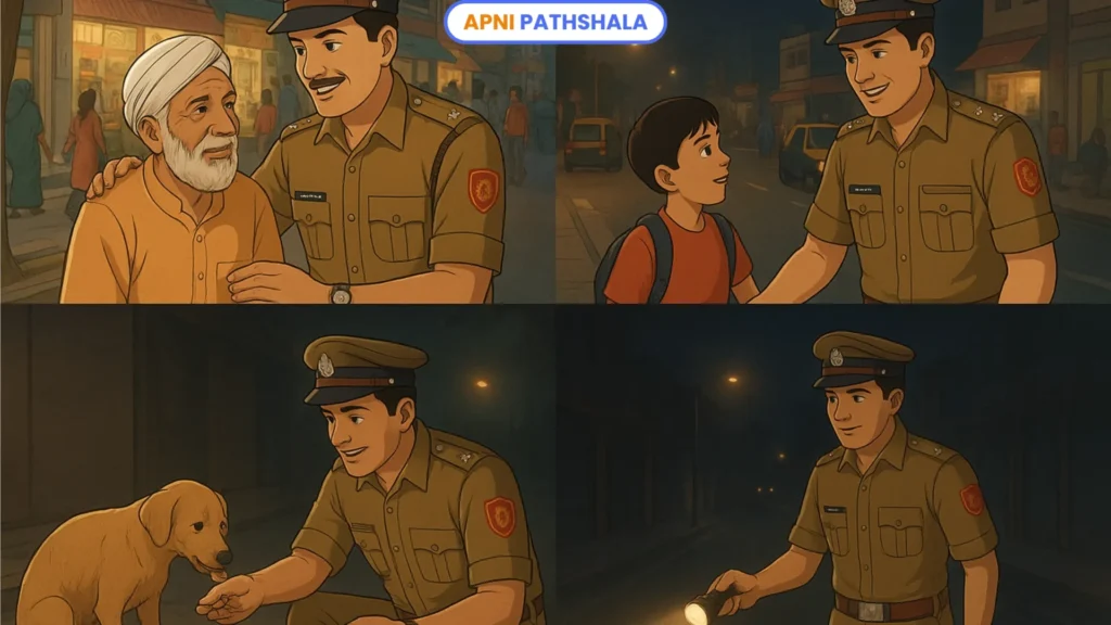 Illustration of Indian police officers helping citizens, children, and even animals, showing their dedication beyond duty