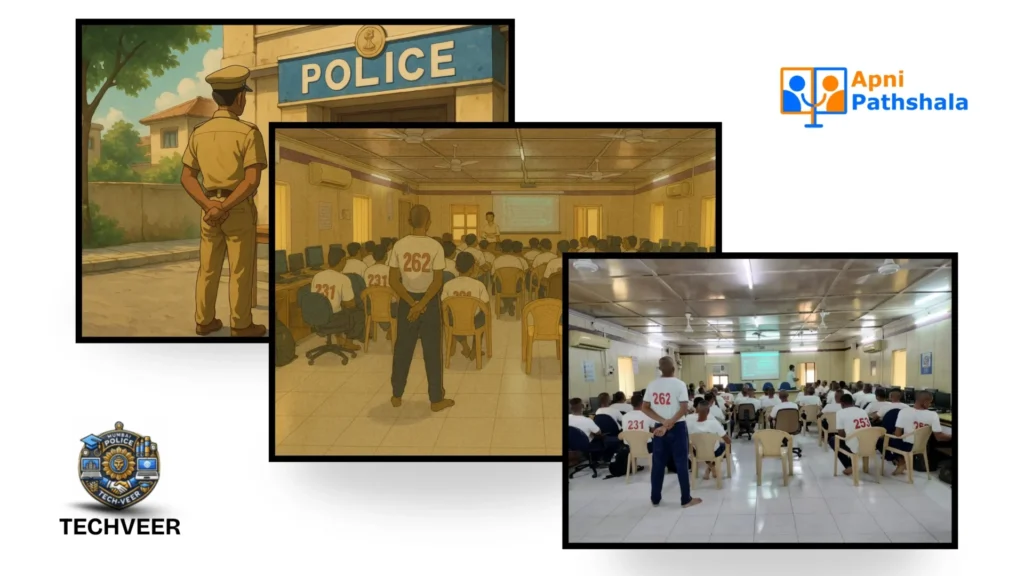 Illustration to reaility , Police officers in Mumbai Police Colony attending Techveer computer classes, supported by Apni Pathshala.