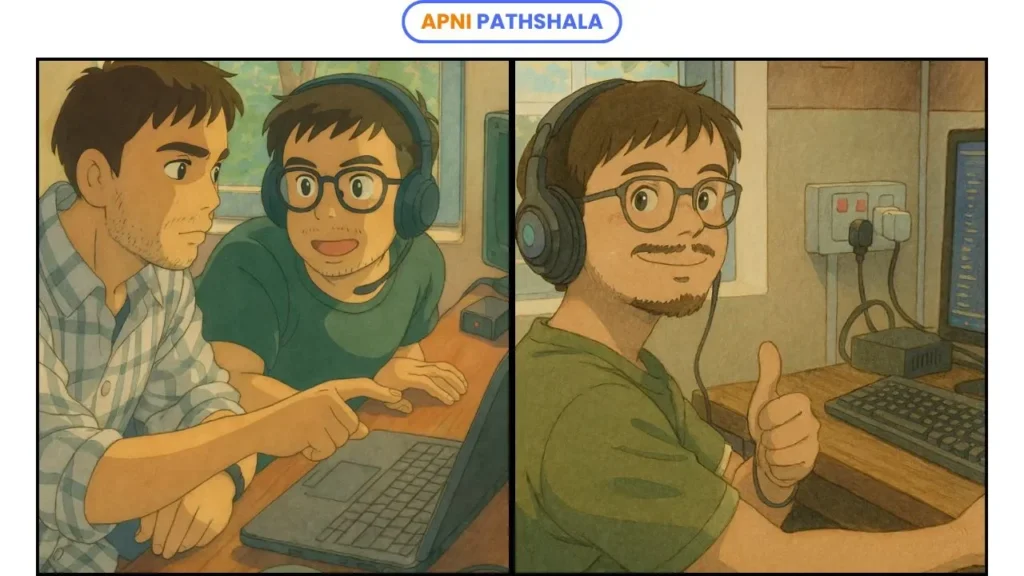 Illustration of two Apni Pathshala team members working together on a laptop, with one explaining something while the other listens, and another scene showing a member smiling with headphones and giving a thumbs-up at his desk.