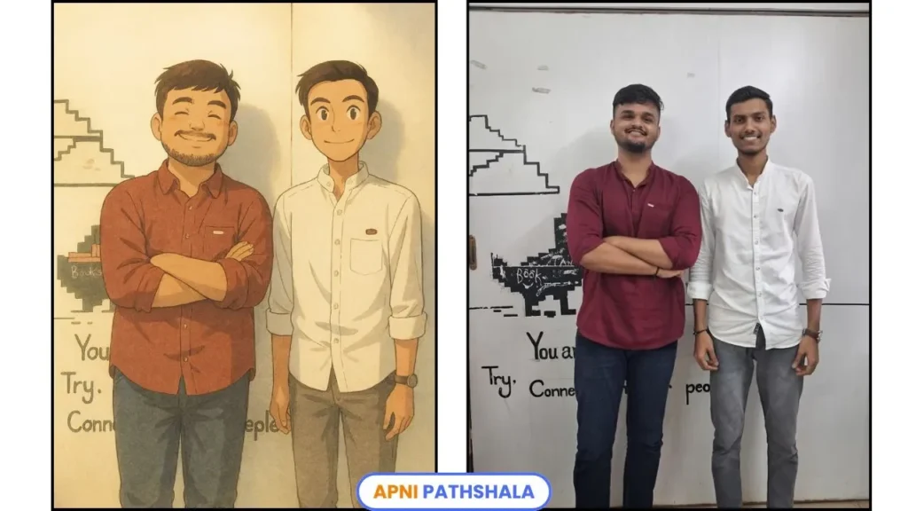 Two new Apni Pathshala team members smiling and standing together, with the text “The Team Talks Episode: 2” displayed on the side.