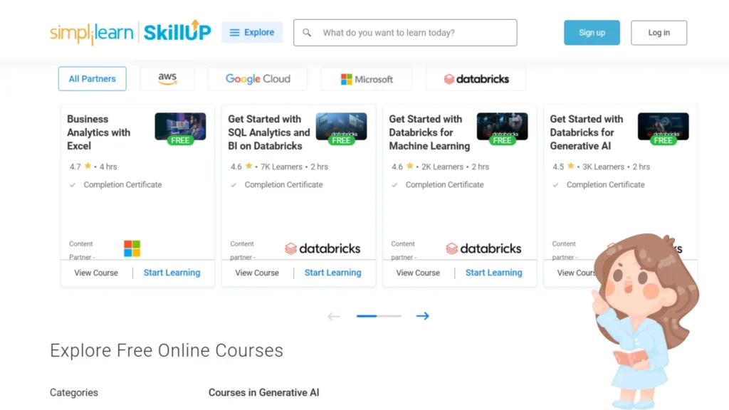 Screenshot of Simplilearn SkillUp platform with free online courses and certificates in digital marketing, IT, business analytics, and cloud computing for students.