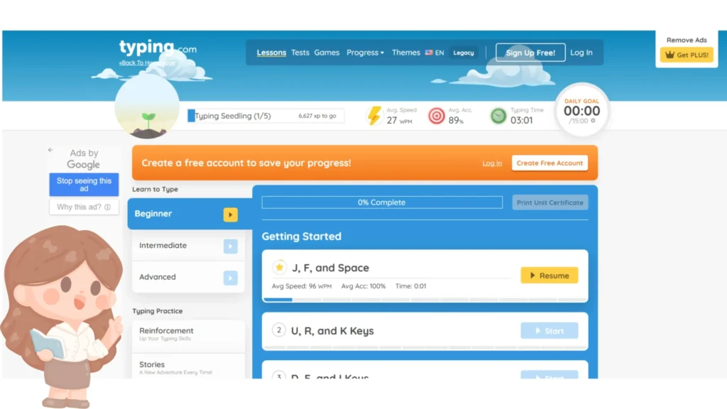 Screenshot of Typing.com free online typing lessons with certificates, designed for students to improve typing speed, accuracy, keyboard shortcuts, and basic computer literacy.