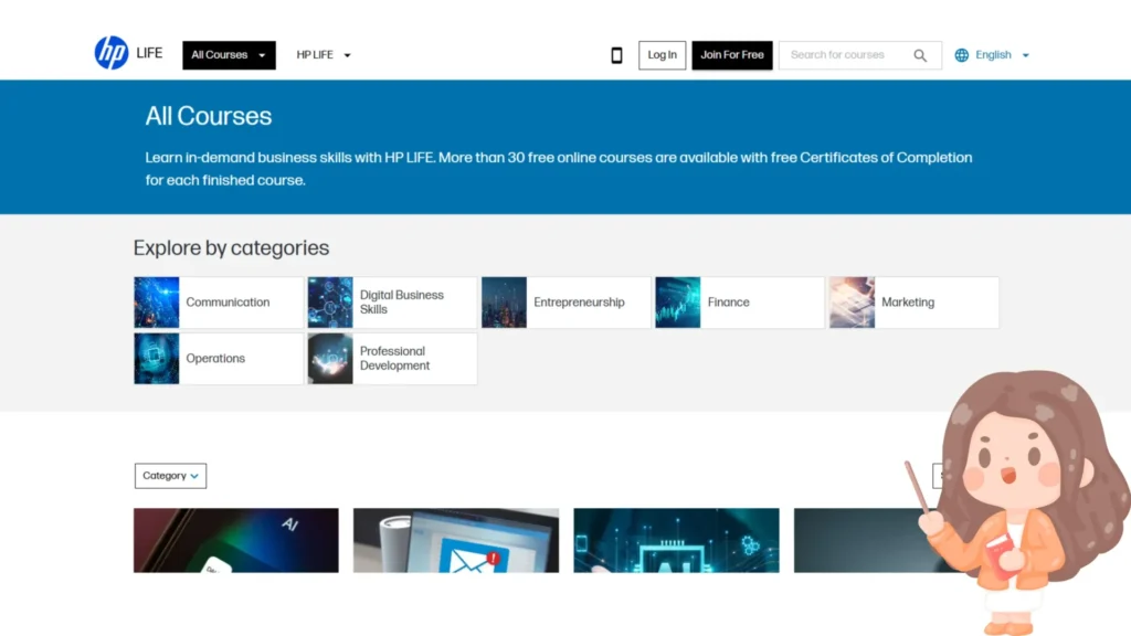 Screenshot of HP LIFE free courses with certificates, offering business communication, digital business, entrepreneurship, finance, and marketing training for students.