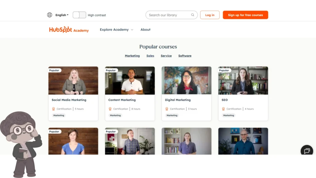 Screenshot of HubSpot Academy free online courses with certificates, showing popular marketing courses like social media, content marketing, digital marketing, and SEO for students.