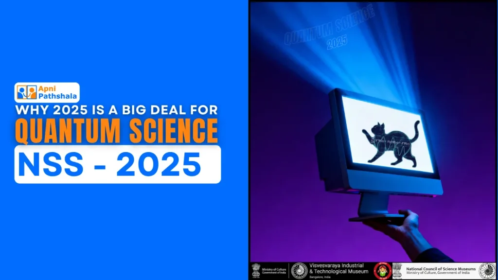 Quantum computing concept with a computer monitor displaying a quantum cat illustration, highlighting the significance of 2025 in quantum science advancements.