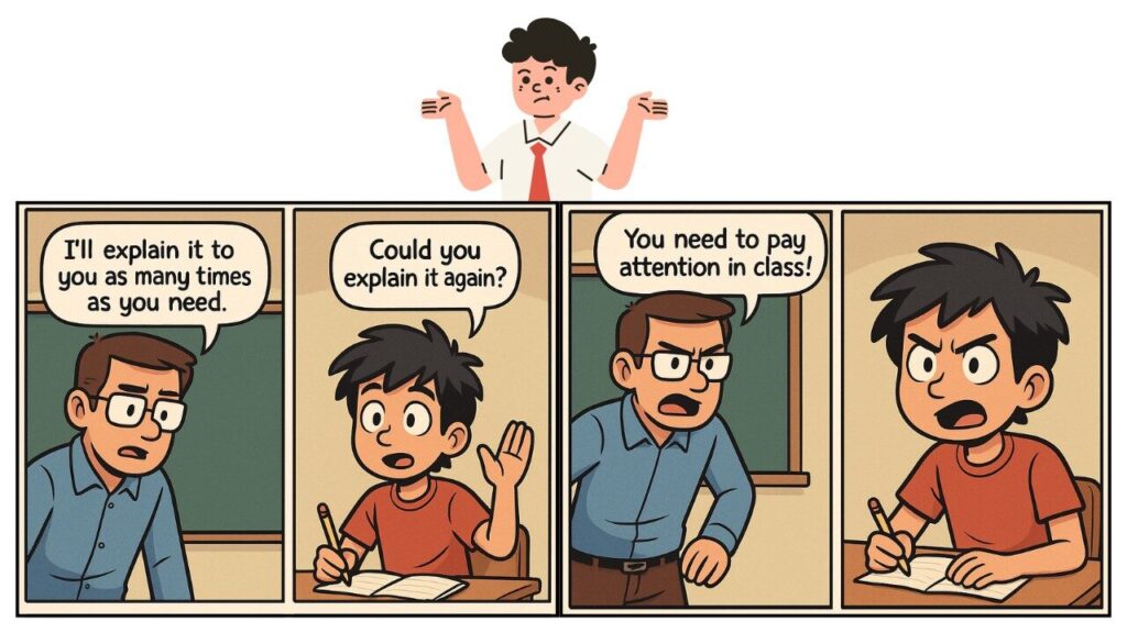 Funny classroom comic showing a teacher promising to explain multiple times but getting angry when a student asks again — highlighting traditional classroom frustration before AI in education transformed how students learn