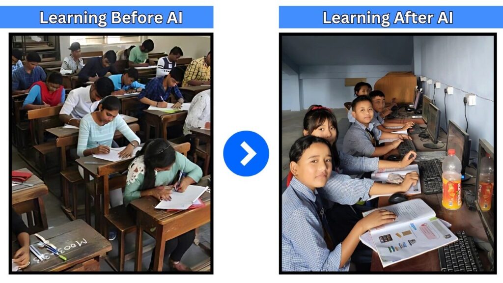 Comparison image showing classrooms before and after AI in education — students writing manually vs students using computers in Apni Pathshala PODs to show how AI transforms learning.