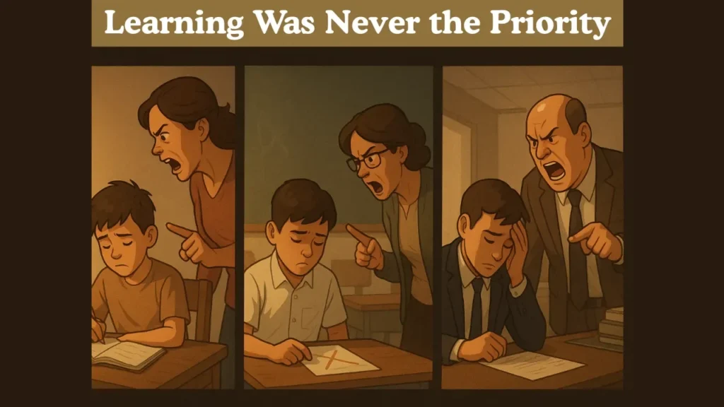 Comic strip showing a boy scolded at home, in school, and at work—message: ‘Learning Was Never the Priority,’ highlighting how the old education system creates memorisers, not learners.