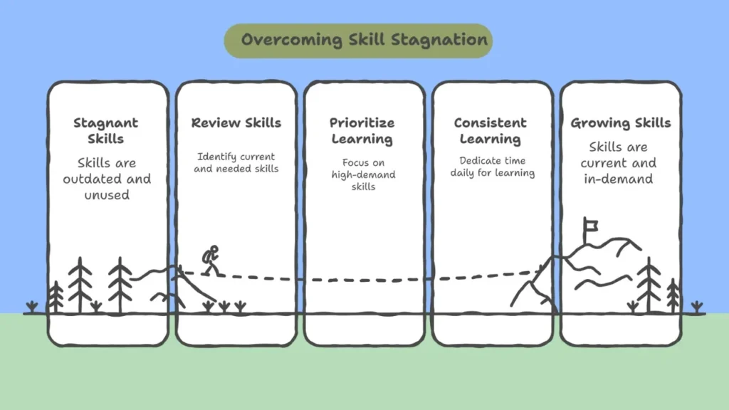 Roadmap graphic—‘Overcoming Skill Stagnation’ from stagnant skills to reviewing, prioritising, consistent learning, and growing in-demand skills
