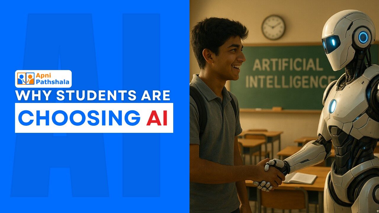 Thumbnail showing a student shaking hands with a friendly robot in a classroom, representing how AI is transforming education and student learning in Apni Pathshala. Student learning with AI assistant in Apni Pathshala POD — representing the future of AI in education in India.
