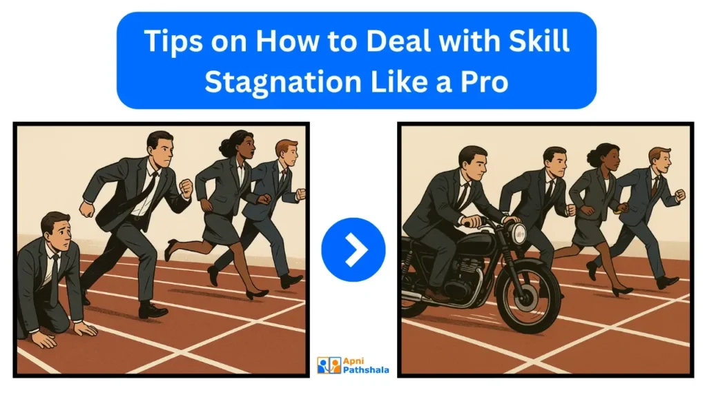 “Before-and-after comic—professionals stuck running a race versus one accelerating on a motorbike; caption: ‘Tips on How to Deal with Skill Stagnation Like a Pro.