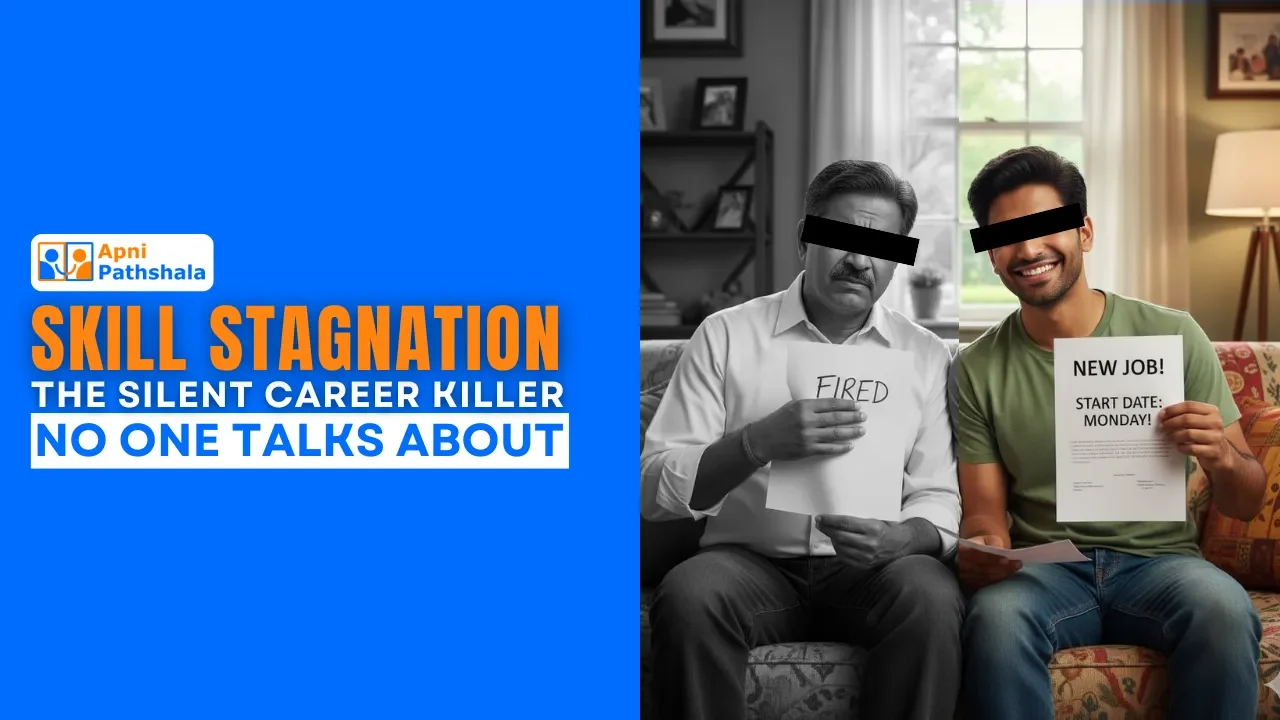 Skill stagnation comparison—older worker holding ‘Fired’ sign beside younger worker with ‘New Job’ offer; headline reads ‘Skill Stagnation: The Silent Career Killer No One Talks About.