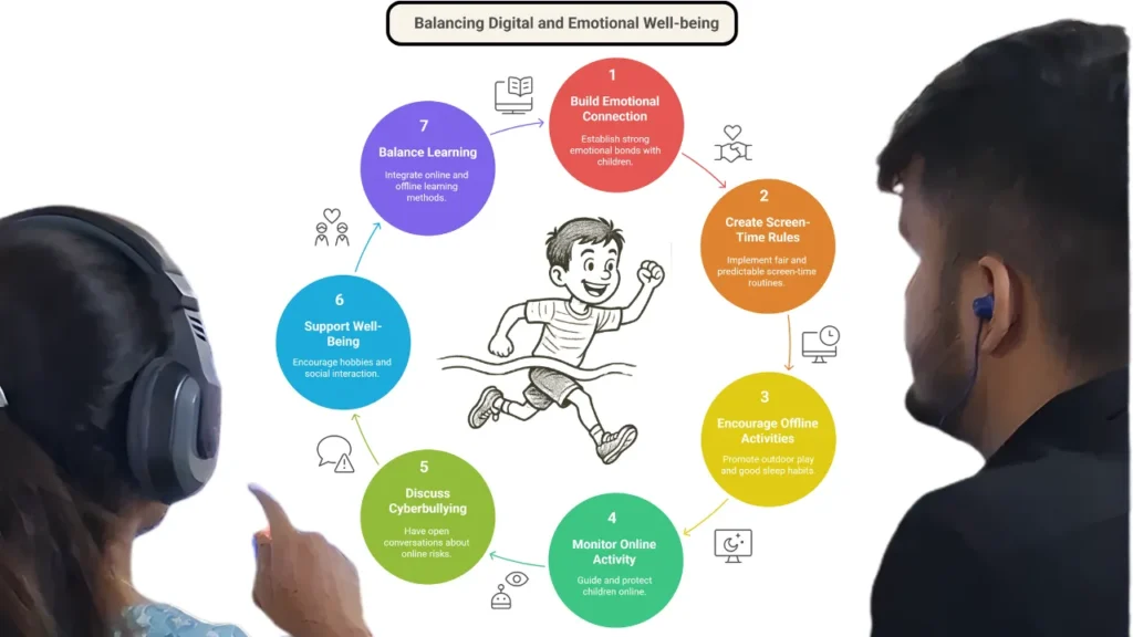 A visual chart showing steps for balancing digital and emotional well-being in children, including screen-time rules, emotional connection, cyberbullying awareness, and offline activities, used in Apni Pathshala’s guide on digital parenting and student safety.