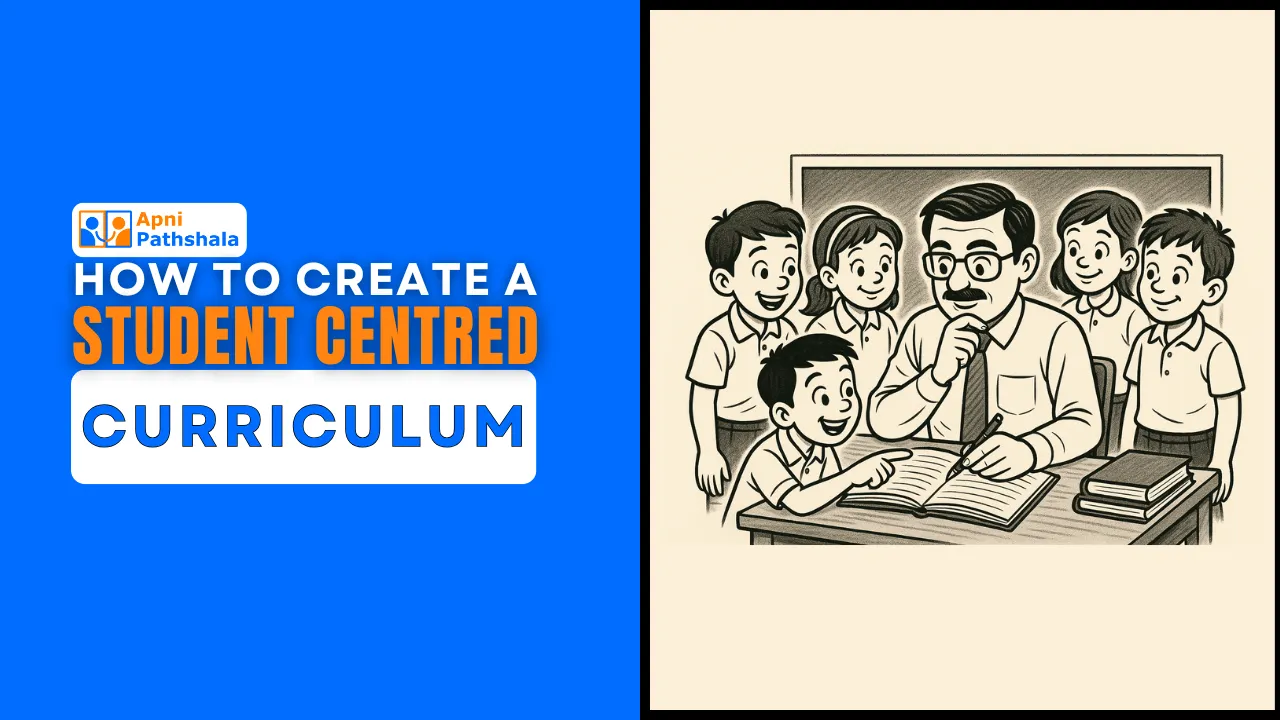A comic-style illustration of a teacher and students collaboratively designing a student centred curriculum, highlighting interactive learning and child-led education.