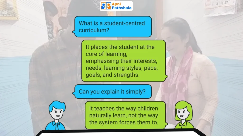 A graphic explaining the concept of a student centred curriculum, showing cartoon characters discussing child-led learning, personalised learning, and student-focused education.
