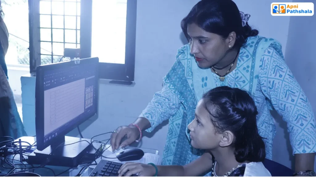 A parent guiding a child on a computer inside an Apni Pathshala Learning POD, demonstrating supervised digital learning, emotional support, and safe technology habits. A better parenting style.