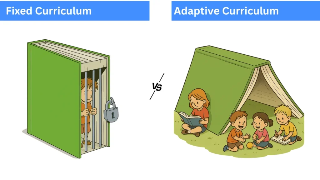 An illustration comparing a fixed curriculum, where a student is trapped inside a book, versus an adaptive curriculum where children learn freely and creatively