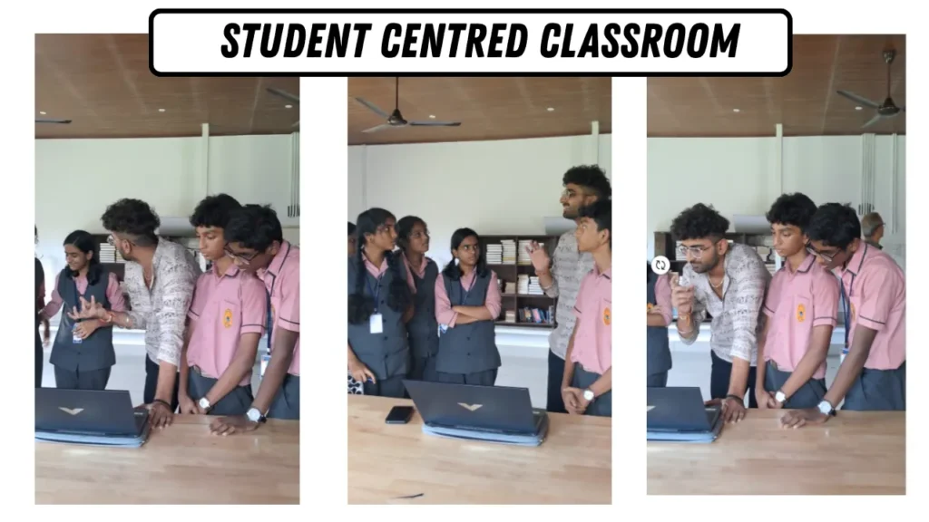 A student-centred classroom scene where students and a facilitator engage in collaborative discussion, demonstrating active learning, peer involvement, and participatory education.