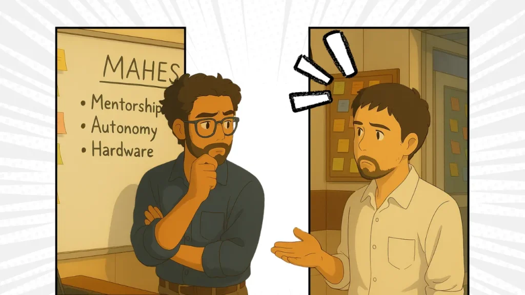 Ashish asking questions to Sagar about MAHES and how it helps Apni Pathshala PODs become self-sustaining.