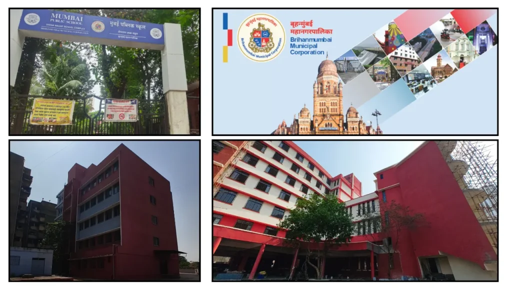 Exterior view of Mumbai Public Schools under the Brihanmumbai Municipal Corporation (BMC), showing school buildings and BMC headquarters as part of the digital transformation initiative with Apni Pathshala