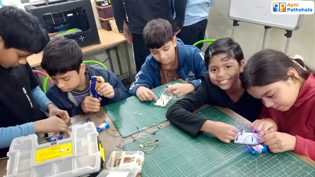 Students at an Apni Pathshala Learning Pod working on hands-on STEM projects, learning independently through exploration and creativity. A Self-Directed Learners in action.