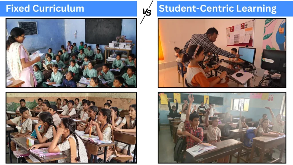 A visual comparison between traditional classrooms following a fixed curriculum and modern student-centric classrooms using computers and interactive learning