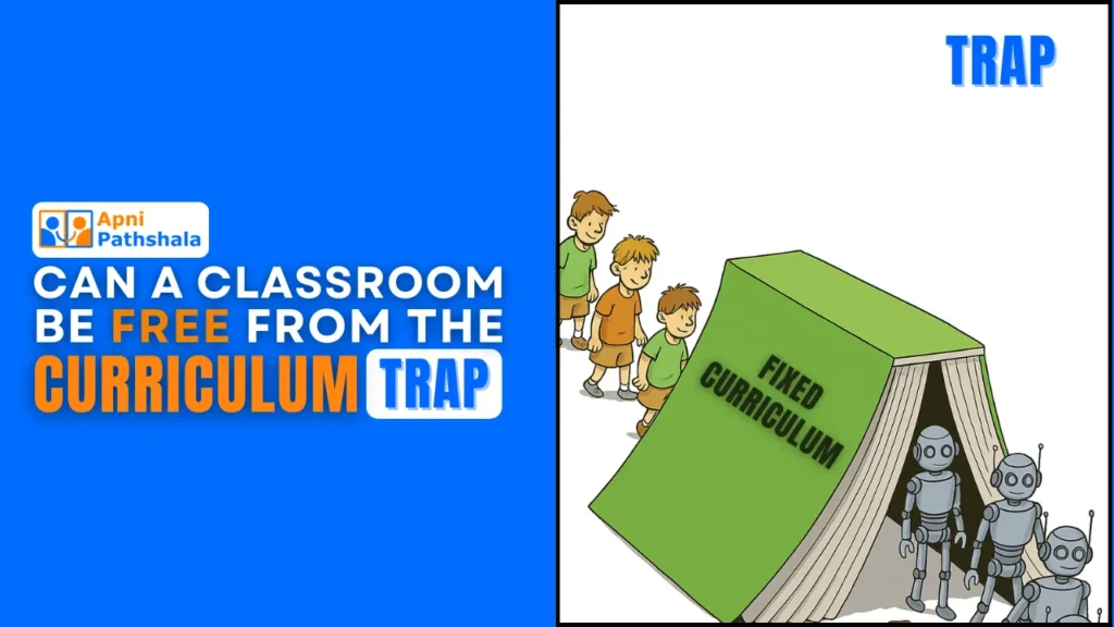 A creative illustration showing children turning into robots under a fixed curriculum, highlighting the idea of freeing classrooms from rigid learning systems.