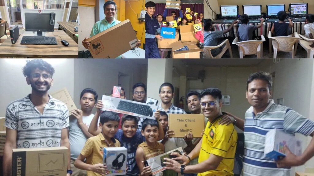 Children and community leaders happily receiving Apni Pathshala’s educational computers through partnership programs, showing an alternative to free computers.