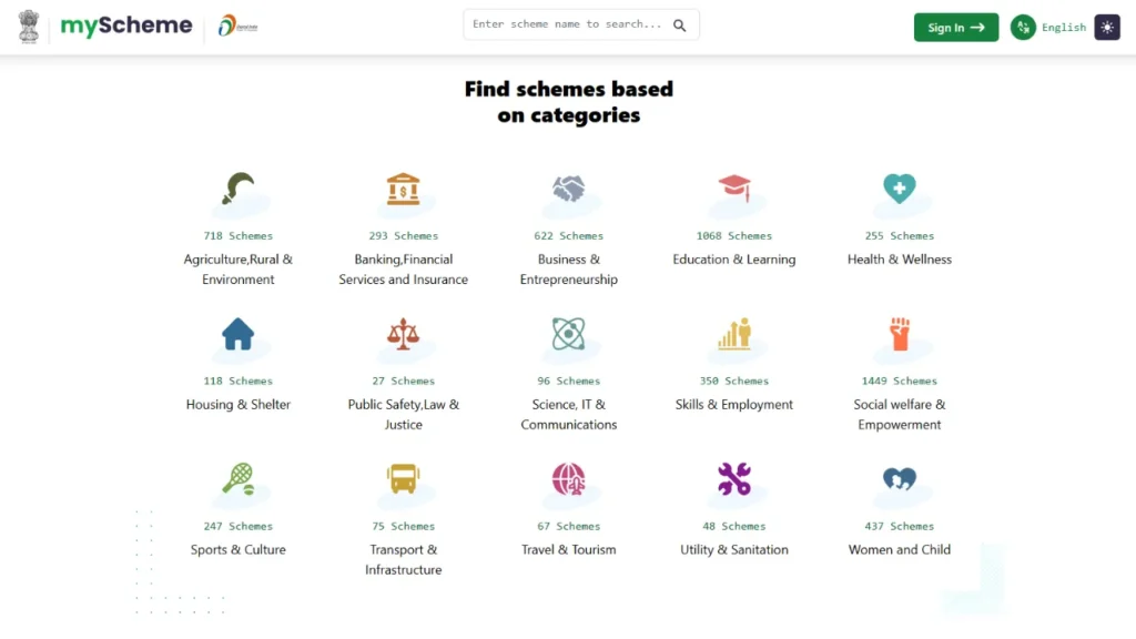 Screenshot of India’s myScheme portal showcasing over 1000 education and learning schemes for students across multiple categories.