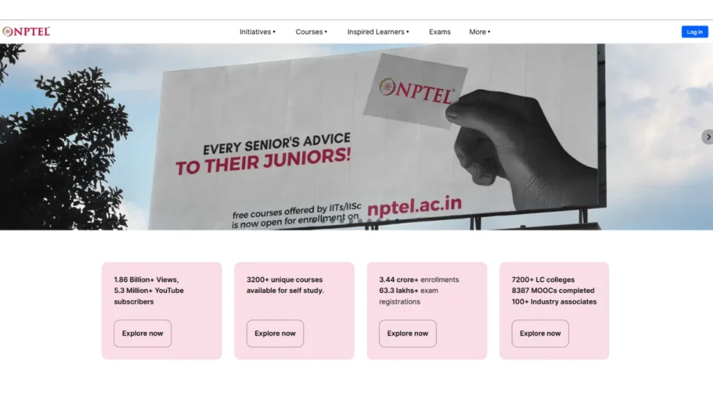 NPTEL platform homepage displaying online courses from IITs and IISc for Indian students, promoting technology-enhanced self-learning.