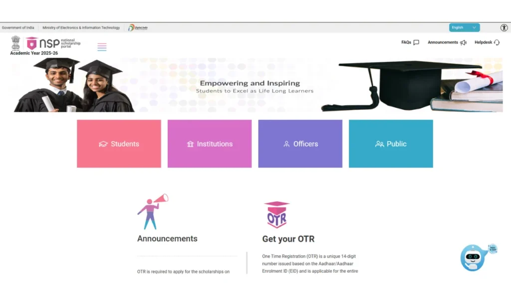 The National Scholarship Portal homepage offering access to government scholarships for Indian students, institutions, and officers.