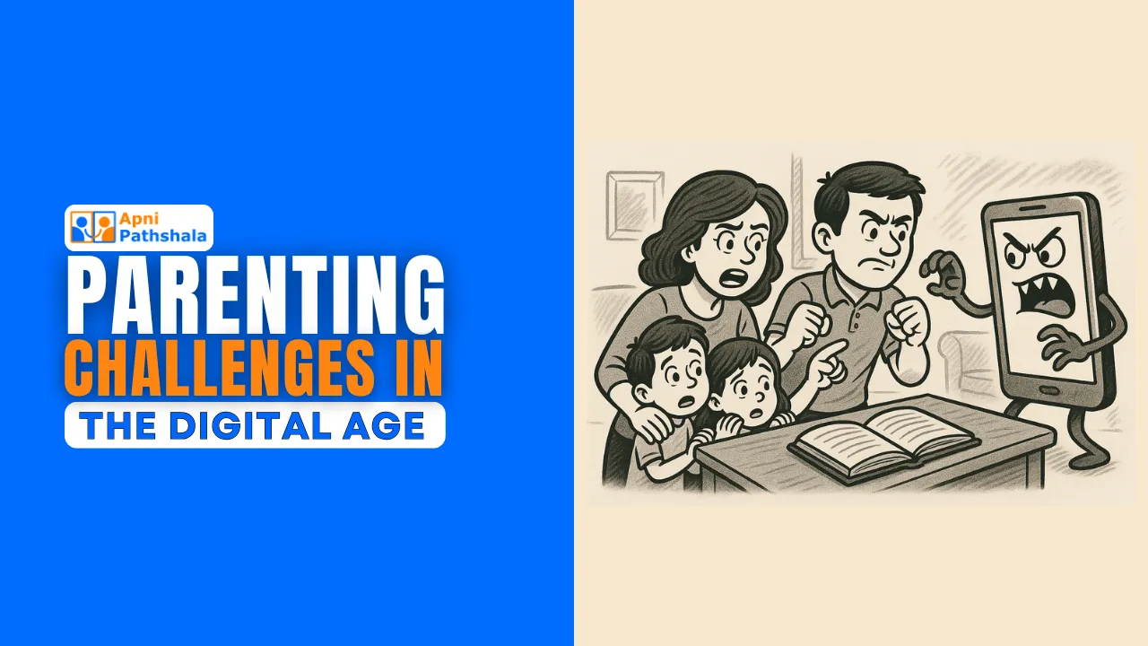 A cover image showing a family worried about the effects of digital addiction and unsafe screen use, representing Apni Pathshala’s blog on parenting challenges in the digital age.