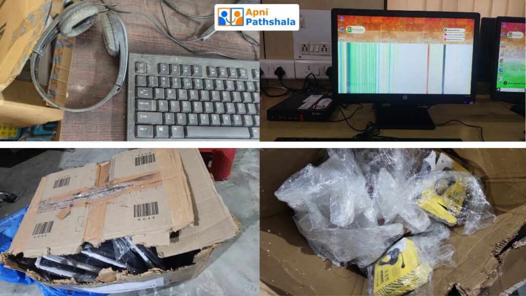 Damaged and unused computers, headsets, and boxes representing the sad reality of free computers and why Apni Pathshala shifted to a partnership model.
