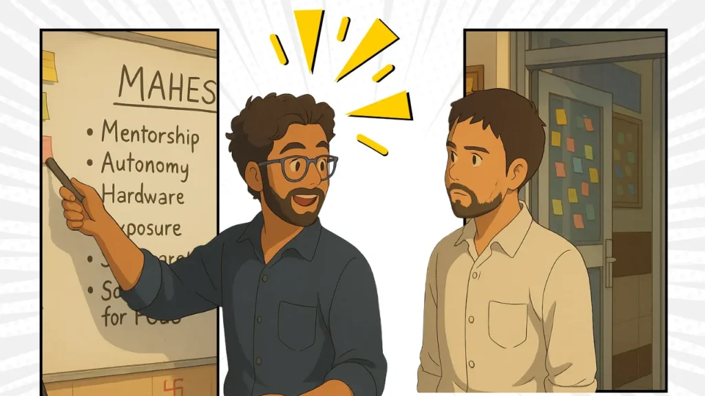 Sagar explaining the full meaning of MAHES—Mentorship, Autonomy, Hardware, Exposure, and Software—on a whiteboard during a discussion.
