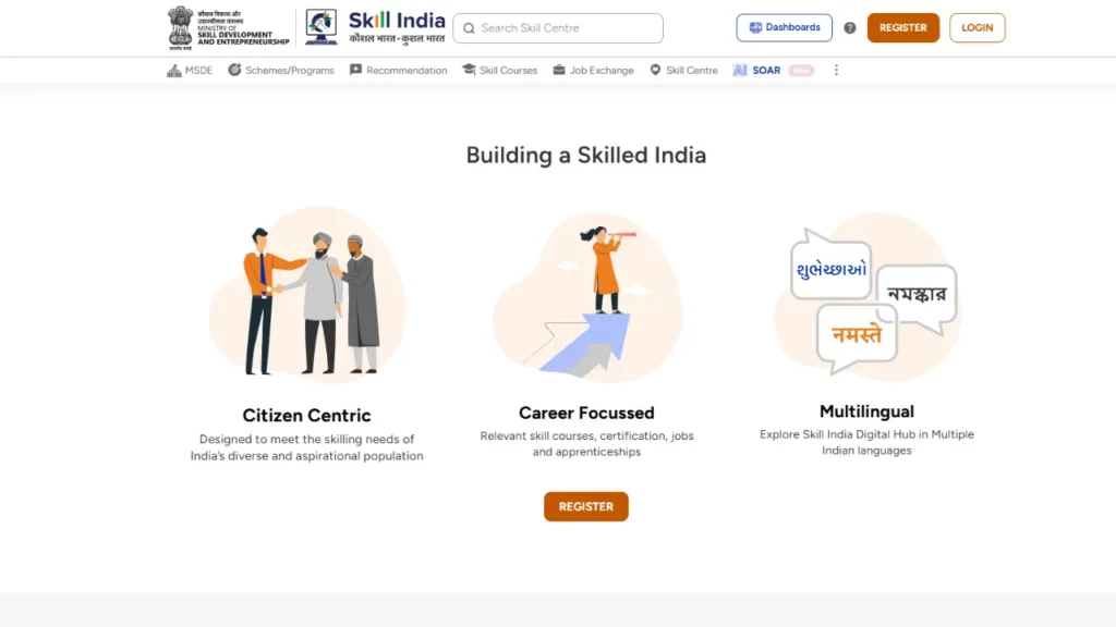 Skill India portal showing citizen-centric, career-focused digital resources and multilingual access for skill development in India.