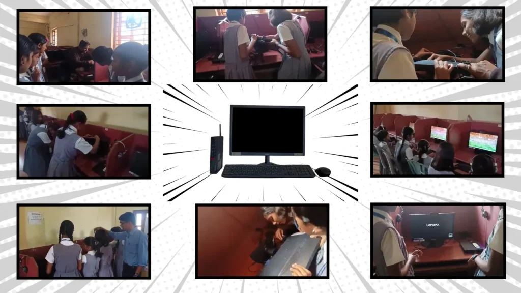 Students confidently setting up their Apna PC in a classroom, with multiple images showing the hands-on learning process and teamwork.