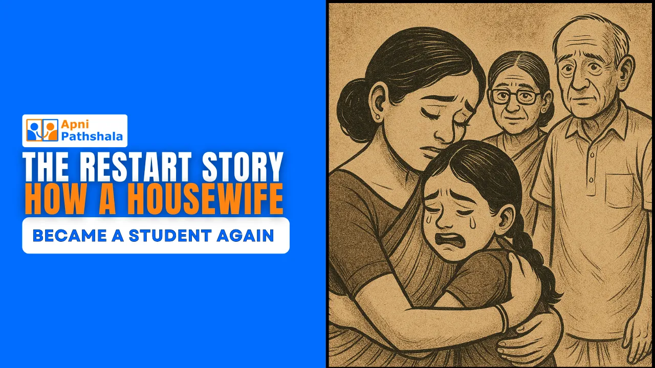 Illustration of a housewife holding her child and elderly parents behind her, representing a woman’s emotional journey before restarting her education.