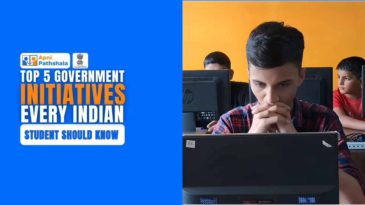A focused student at Apni Pathshala working on a computer, featured in a blog about key Indian government education initiatives.